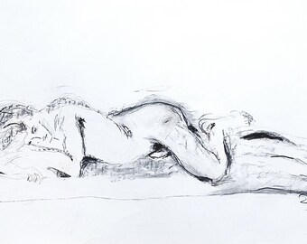 Dibujo desnudo original en el estudio, boceto, pose sexy desnuda masculina, dibujo de cuerpo desnudo moderno firmado, pastel, carbón, lápiz, A3