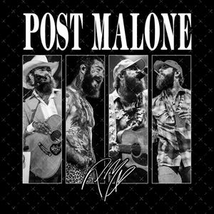 May include: Black and white photo collage of Post Malone, a musician, in four different poses. He is wearing a cowboy hat, a sleeveless shirt, a baseball cap, and a plaid shirt. He is holding a guitar in two of the photos. The collage is on a black background with a white signature.