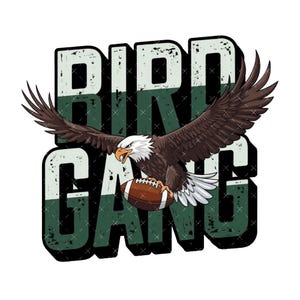 Puede incluir: Un gráfico verde y blanco desgastado con el texto "BIRD GANG" y un águila calva de dibujos animados sosteniendo una pelota de fútbol.