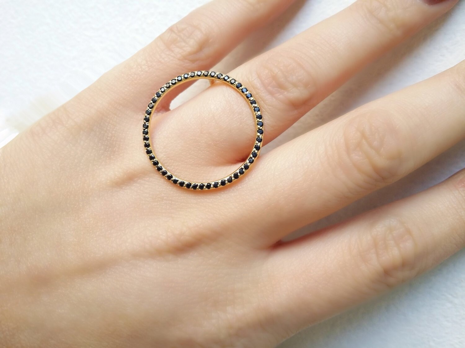 14K Open Big Circle Ring Black Diamond Ring Geometric Etsy