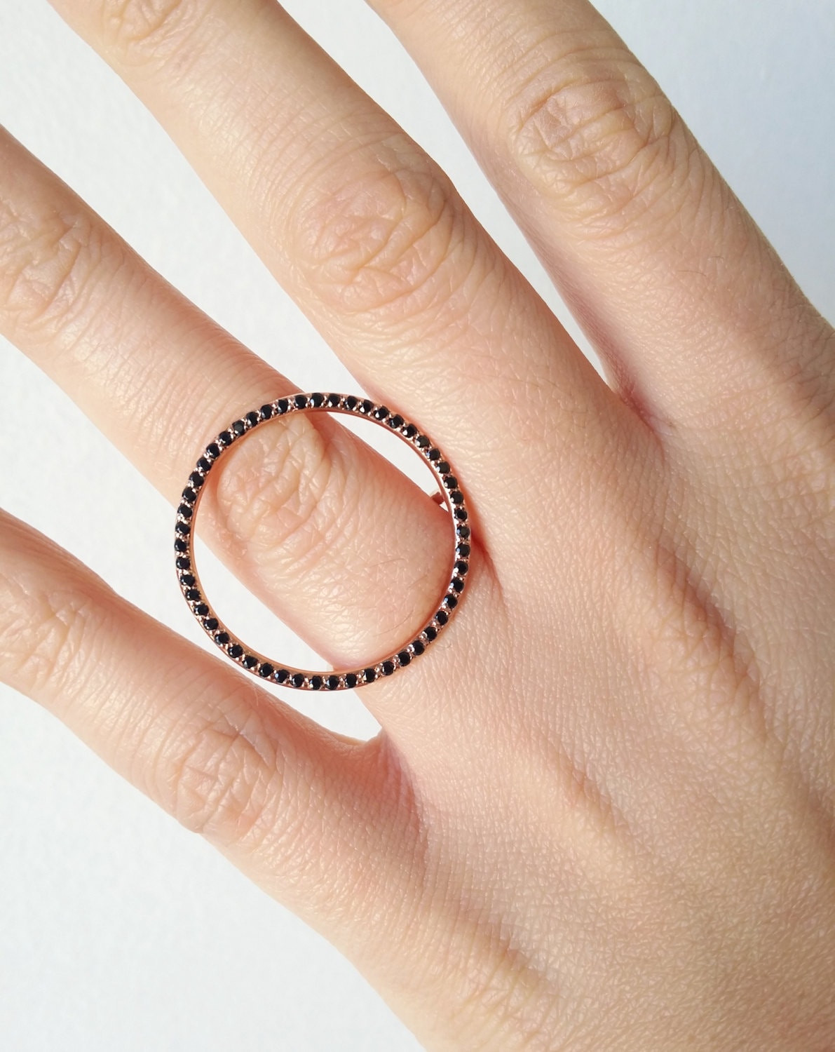 14K Open Big Circle Ring Black Diamond Ring Geometric Etsy