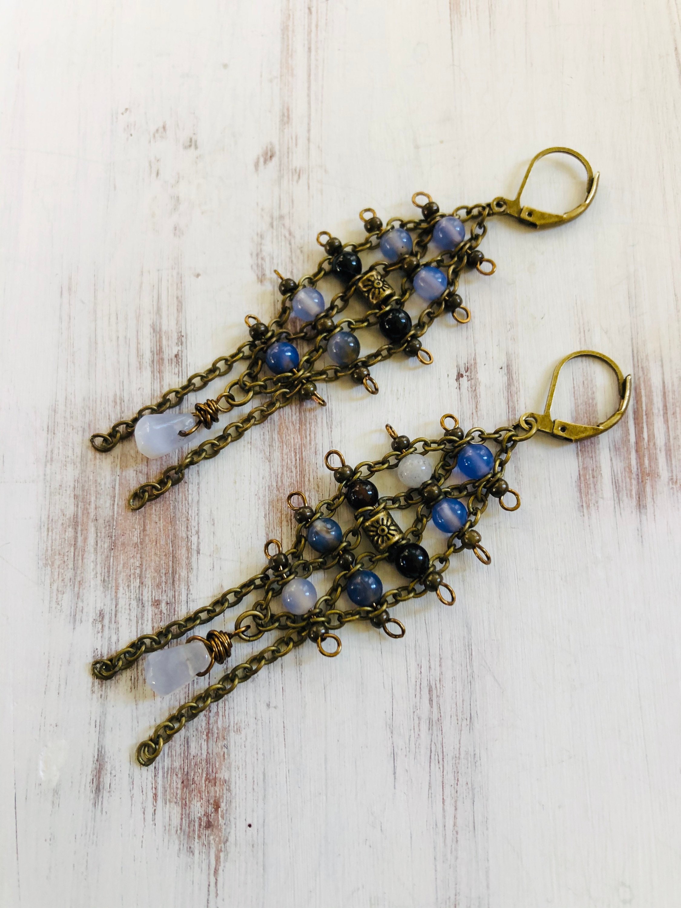 Tapestry handwoven earrings blue and black beaded earrings Etsy