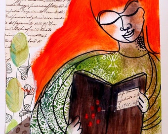 La lectrice, Portrait fille huile sur papier, original techniques mixtes, art contemporain, vert orange, femme rousse