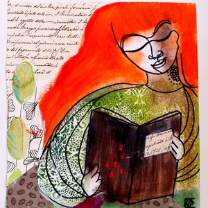 May include: An artistic illustration of a person with vibrant red hair reading a book. The person is wearing a green patterned top. The background features handwritten text and floral accents, creating a collage effect.