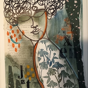 peinture abstraite, original, art contemporain, dessin au trait, techn mixtes, portrait femme, collages, petit format, vert, bleu, noir