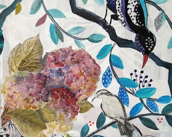 Art original, tableau toile techniques mixtes, acrylique collages, oiseaux, pie, hortensias, multicolore, bleu, rose, Cyane Gift