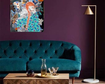 Peinture sur toile, portrait poétique femme, art contemporain abstrait, "La lune rousse", oiseau, cadeau, zen, Cyane Gift, Art mural