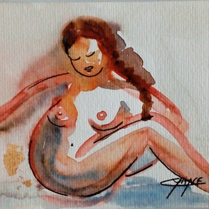 Nudo femminile originale, mini dipinto, arte contemporanea, "Solene", pittura contemporanea, inchiostri, pittura zen, arte murale