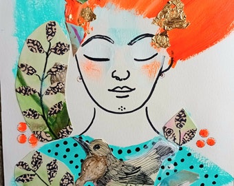 Laurette, Portrait fille huile sur papier, original techniques mixtes, art contemporain poétique, turquoise orange, femme rousse, oiseau