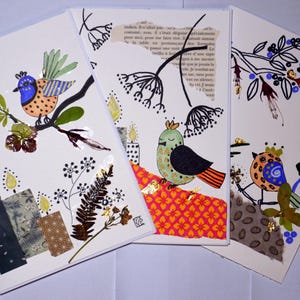 3 cartes d’art, originaux, poétiques, oiseaux mignons, mixed medias, voeux, anniversaires, fêtes, fleurs séchées