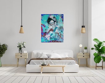 peinture  sur  toile Grand tableau Abstrait, fleurs, portrait  femme, turquoise, art contemporain, cadeau zen painting, Art mural