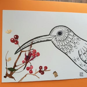 3 Kunstkarten, originell, poetisch, niedliche Vögel, Mixed Media, Wünsche, Geburtstage, Partys, Trockenblumen