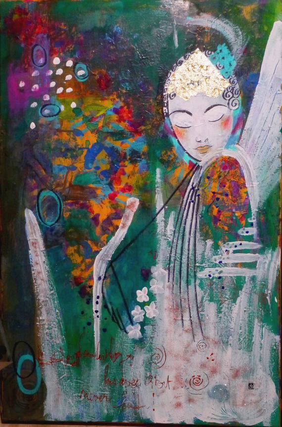 Großes Original, maßgeschneiderte abstrakte Engelkunst, Acryl auf Leinwand, Blau, Grün, Türkis, großes Gemälde, Cyane Geschenk, Zeitgenössische Kunst