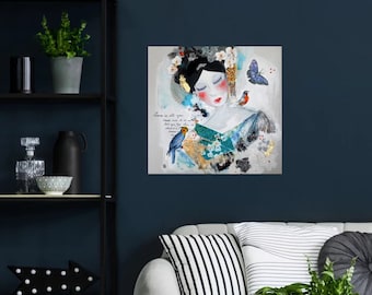 Portrait Geisha Woman, Poetic Painting, turquoise canvas, Cyane Gift, mixed media, blue, green,