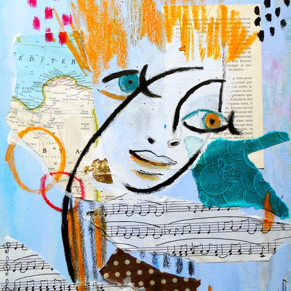 art abstrait original, "Rêve bleu 3" portrait toile, contemporain, tech mixtes, collages, feuille or, tableau triptyque, bleu, orange