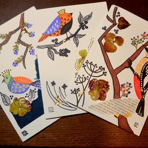 3 cartes d’art, originaux, poétiques, oiseaux mignons, mixed medias, voeux, anniversaires, fêtes, fleurs séchées