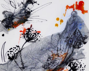 May include: Abstract art painting with black, white, gray, orange, and blue colors. The painting features a large, abstract shape in the center, surrounded by smaller shapes and lines. The painting has a textured surface.