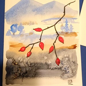Acquerello piccolo paesaggio originale, poetico, bacche invernali, blu, grigio, rosso
