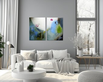 Original abstrakte gemischte Medien-Leinwand, großes Gemälde, abstrakte Kunst, Diptychon, zeitgenössische Kunst, „Meine Gedanken fliegen weg“, Wandkunst