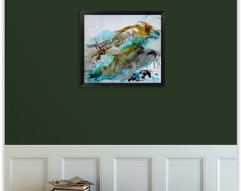 Original abstract art, Encres sur toile, Tableau Abstrait, Art Contemporain, Techniques Mixtes, Turquoise gris vert zen painting, Art mural