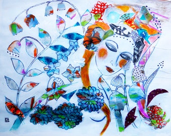 Großes poetisches Gemälde, Frauenporträt, Mischtechnik, Collagen, Tinten, bunt, modern, fröhlich, Zen-Malerei Blumen, Cyane