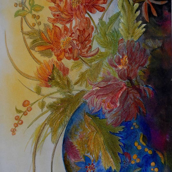 Original Art Painting, peinture contemporaine, tableau aquarelle, fleurs vase bleu aux chrysanthèmes japonais,  zen painting