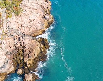 Coast of Acadia National Park Ocean View | Aerial View of Rocky Atlantic Ocean | Acadia National Park Coast Printed Photo | Teal Blue Ocean