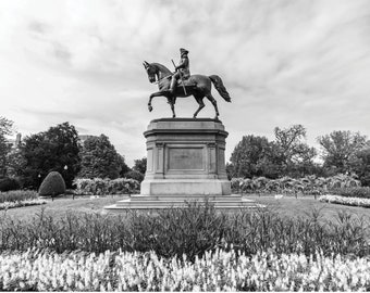 Jardín público de Boston, estatua de George Washington / fotografía del centro de Boston / foto de Boston, impresión de George Washington en blanco y negro