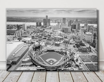 Comerica Park Black and White Canvas | Tigers Stadium Aerial Landscape Wall Art | Downtown Detroit Tigers Stadium Wall Decor Baseball