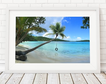 Oppenheimer Beach Tire Swing, St John USVI, Beach Photography Printed Photo | Caribbean Water | Beach Photo with Palm Tree | Tire Swing