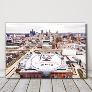 Little Caesars Arena Canvas Aerial View | LCA Skyline Top View | Detroit Red Wings Arena Wall Art | Detroit Pistons, Hockey | Downtown