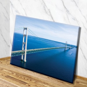 Mackinac Bridge Canvas Decor | Mackinac Bridge Wall Art Landscape | Michigans Upper Peninsula Photography | Mackinac Bridge Aerial Photo