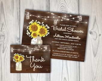May include: Bridal shower invitation and thank you card set. The design features sunflowers in a mason jar, string lights, and text on a rustic wood background. The invitation reads "Bridal Shower" and the honoree's name.