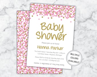 Baby Shower Invitation Girl | Pink and Gold Baby Shower Invitation Glitter | Girl Baby Shower Invite Gold Confetti | 5x7 Printable Invite