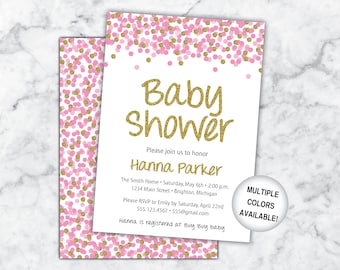Puede incluir: Invitación a una fiesta de bienvenida al bebé con confeti rosa y dorado con el texto "Baby Shower" y "Por favor, únase a nosotros para honrar a Hanna Parker". La invitación incluye la fecha, la hora, el lugar y la información de RSVP. Hay varios colores disponibles.