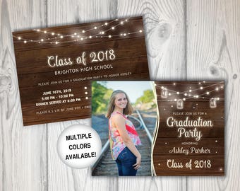 Rustic Graduation Party Invitation | Graduation Party Invitation with Picture | Digital Download | Wood String Lights Mason Jar | Class of