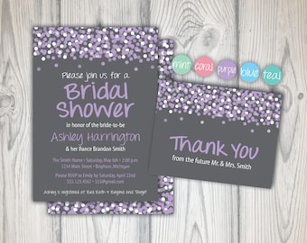 Bridal Shower Invitation and Thank You Cards | Bridal Shower Invitation Confetti | Bridal Shower Invitation Template | Purple and Gray