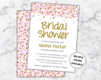 Pink and Gold Bridal Shower Invitation with Glitter Confetti | Wedding Shower Invitation | Printable Bridal Shower Invitation Light Pink