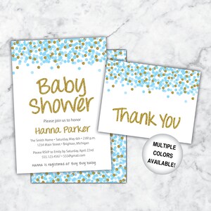 Invitation à la baby shower et cartes de remerciement Garçon | Invitation à la baby shower Confetti | Modèle d’invitation à la fête de bébé | Baby Shower Bleu