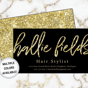 Black and Gold Hairstylist Business Cards | Business Cards for Hairdresser | Hair Stylist Business Cards with Name | Glitter Business Cards