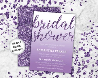 Purple Bridal Shower Invitation with Glitter | Sparkly Bridal Shower Invitation Purple | Wedding Shower Invitation | Purple Shower Invite