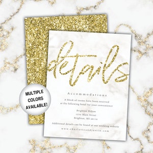 Gold Wedding Details Cards Wedding Details Insert Gold Glitter Wedding Details Piece for Invitations Gold and White Marble Wedding image 1