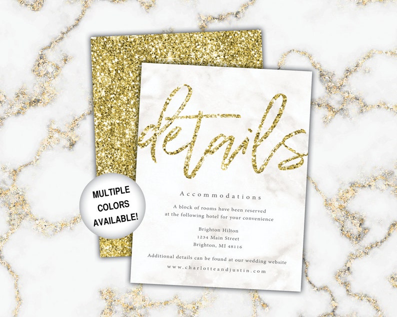 Gold Wedding Details Cards Wedding Details Insert Gold Glitter Wedding Details Piece for Invitations Gold and White Marble Wedding image 1