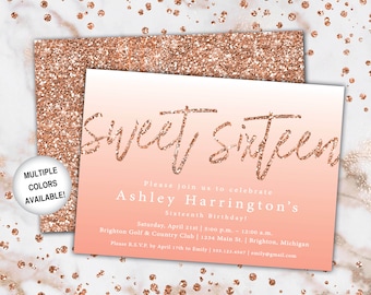 Rose Gold Sweet 16 Invitation | Sweet Sixteen Birthday Invitation Template Rose Gold | Sweet 16 Rose Gold Glitter Invitation | Party Invite