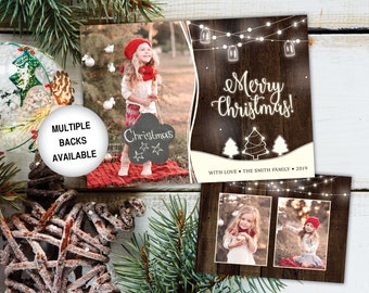 Rustic Christmas Card with Photos | Christmas Card Photo | Christmas Card Rustic Wood String Lights | Christmas Card Template