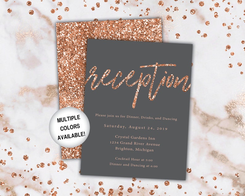 Rose Gold Reception Cards Wedding Reception Cards Rose Gold Glitter Wedding Reception Invitations Wedding Reception Template Card image 7