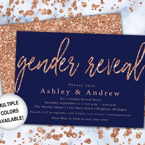 Rose Gold and Navy Gender Reveal Invitation | Gender Reveal Party Navy and Rose Gold Glitter | Printable Baby Gender Reveal Invite Template