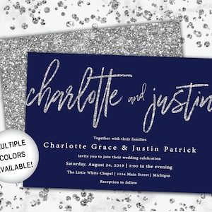 Navy and Silver Wedding Invitations with Names | Printable Wedding Invitations Template | Wedding Invitations with Silver Glitter