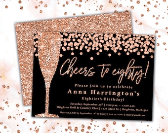 Cheers to 80 Invitation Rose Gold Champagne | 80th Birthday Invitation Template Rose Gold Glitter | Rose Gold Invitation Cheers to Eighty