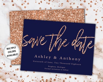 Rose Gold and Navy Save The Date | Save The Date Invitation Template Rose Gold | Save the Date Invitation Announcement Rose Gold Glitter